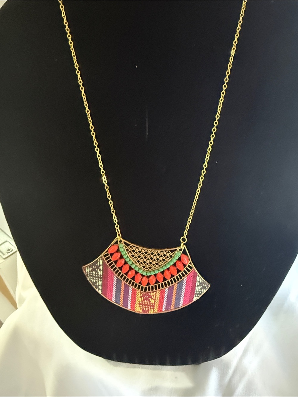 Boho Tribal Fan Pendant Necklace Gold Tone Coral Turquoise Geometric Bib